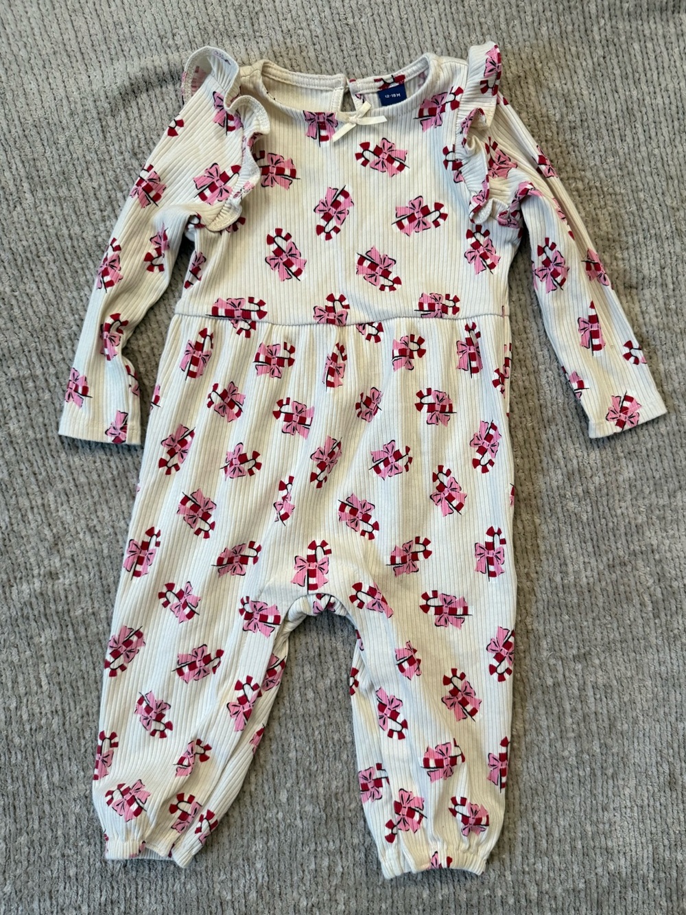 Old Navy Baby 12-18M Candy Cane Bow Print Ruffle Romper Holiday Christmas